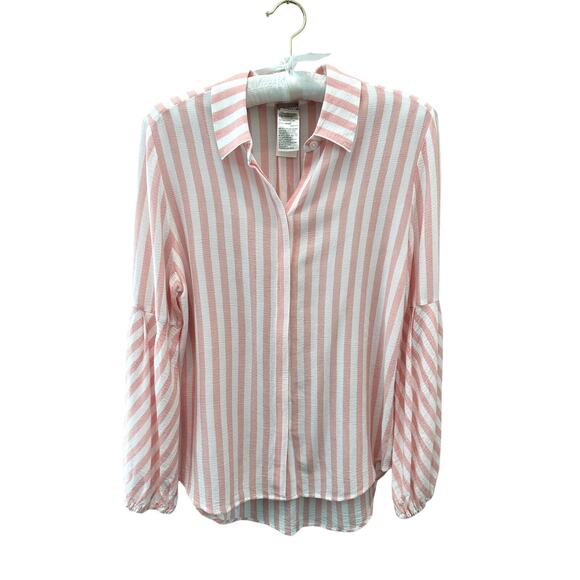 CHICO’S | Pink White Striped Lyocell Button Front Blouse Top | Size 0 Small - Picture 1 of 6
